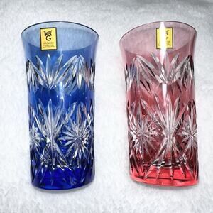 Set Of 2 Kagami Crystal Beer Tasting Glasses Edo Kiriko Red Blue 4”